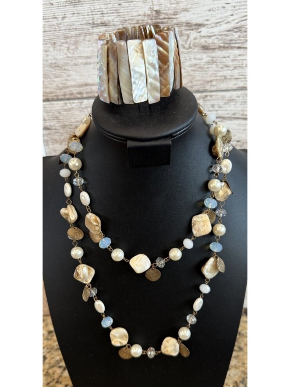 Seafoam Shell Beaded Necklace 44” & Abalone Stretch Bracelet Sz 6-7”